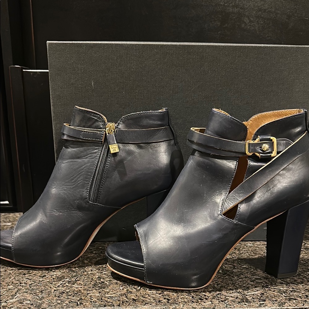 Elegant navy peep toe Leather Women's Heels 3.5”